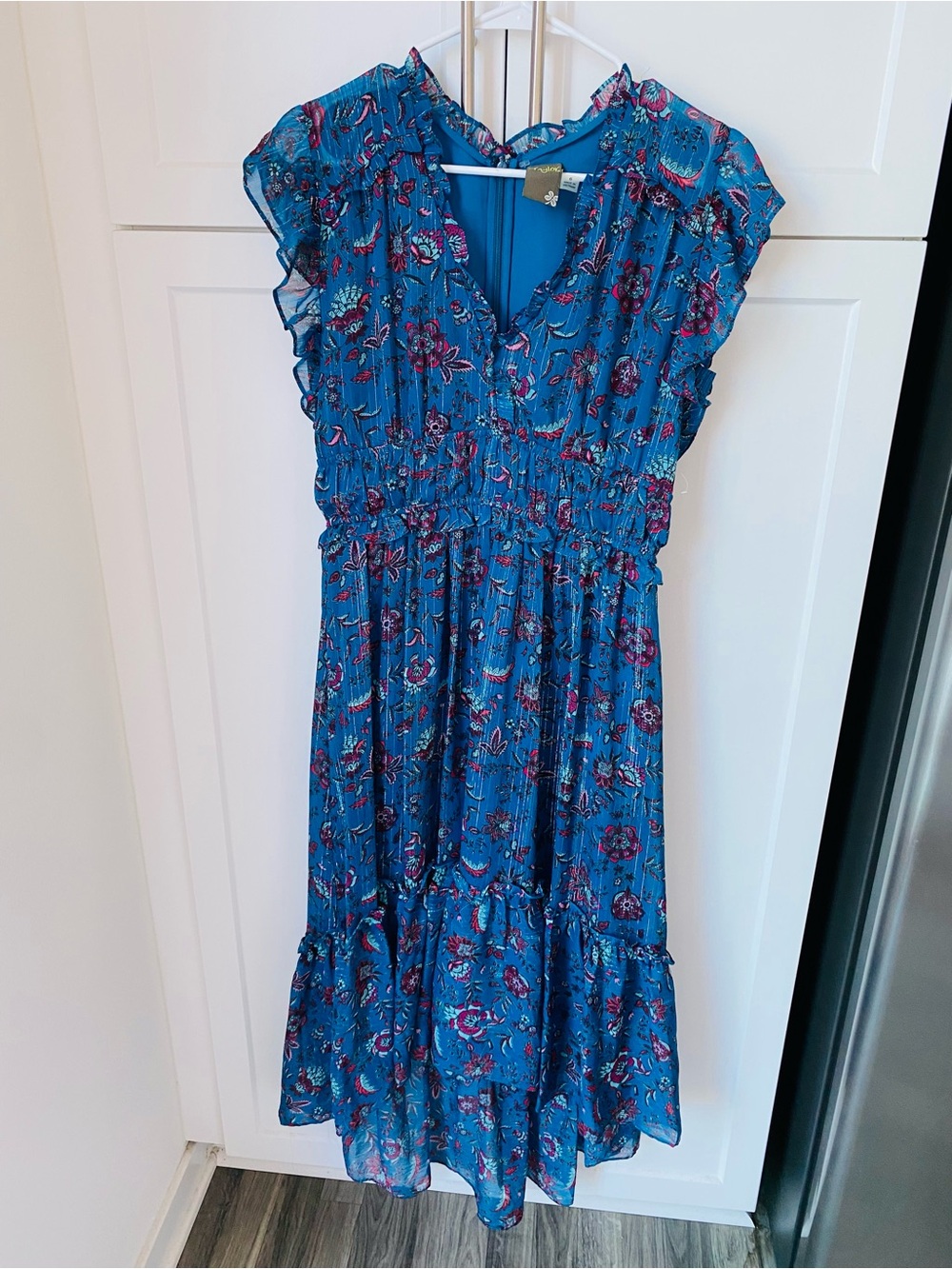 Taylor womens size 6 floral high low blue metallic dress nwot